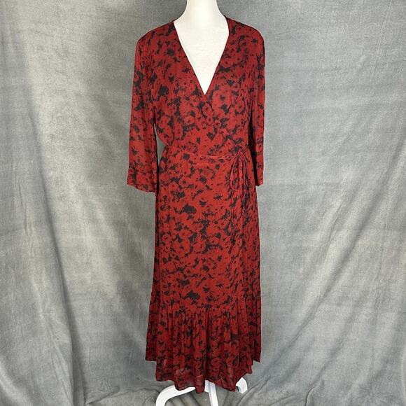 Ganni Dress Womens 42 US Large Red Wrap Midi Georgette Party Career Whimsigoth - Picture 1 of 15